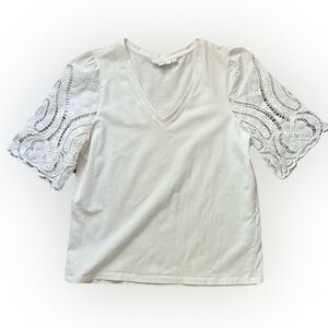 Chico's White V-Neck Blouse with Lace Sleeves
